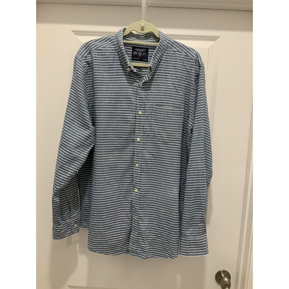 American Eagle Button Down XL Mens Prep Fit L/S Blue Stripe Button Collar